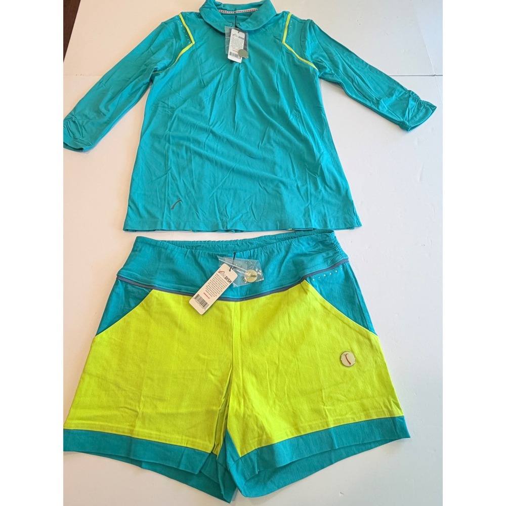 SwingDish Womens Golf Set Teal Neon Yellow Top and Shorts NWT Size Large